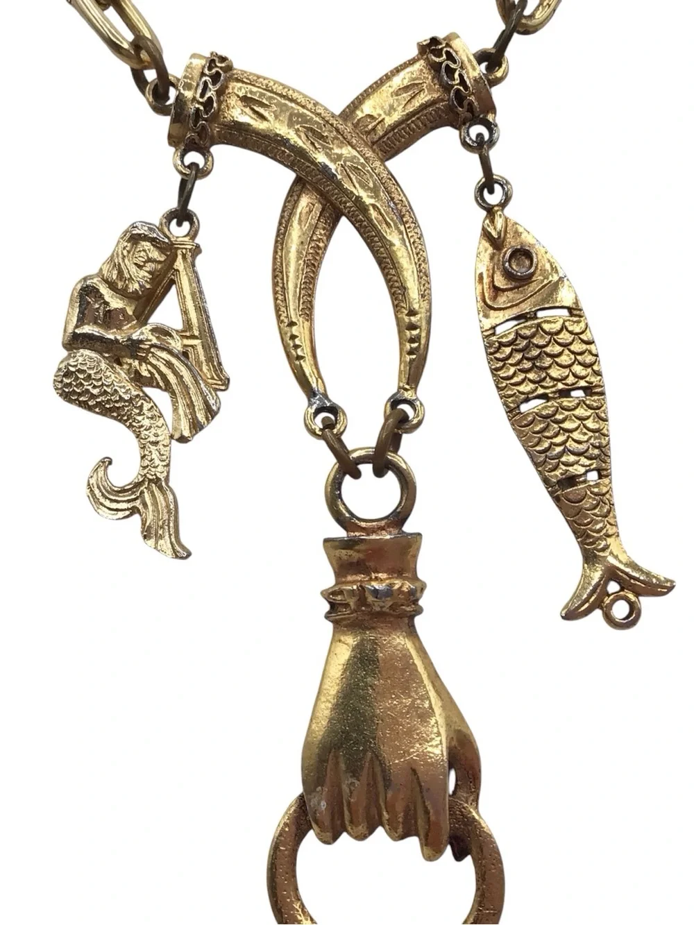 Vintage Gold-tone Hand Charm Talisman Necklace, Fish, Mermaid, Clover